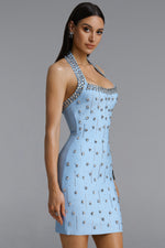 Charger l'image dans la visionneuse de la Galerie, Manik Glamorous Contour Halter Rhinestone Blue Blue Bandage Mini Dress