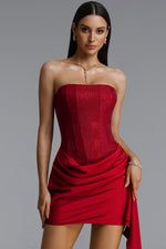 Lade Bild in die Galerieansicht, Janiyah Vintage Contour Strapless Crystal Ruched Sash Red Mini Dress