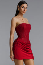 Lade Bild in die Galerieansicht, Janiyah Vintage Contour Strapless Crystal Ruched Sash Red Mini Dress
