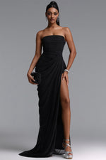 Lade Bild in die Galerieansicht, Tazeda Elegant Contour Strapless Ruched Mesh Black Maxi Dress