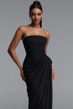 Lade Bild in die Galerieansicht, Tazeda Elegant Contour Strapless Ruched Mesh Black Maxi Dress