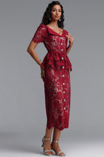 Lade Bild in die Galerieansicht, Quinn Elegant Cinched Short Sleeve Floral Lace Red Maxi Dress