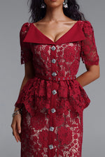 Lade Bild in die Galerieansicht, Quinn Elegant Cinched Short Sleeve Floral Lace Red Maxi Dress