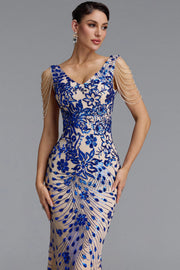 Zaha Classic V Neck Tassel Beaded Shoulder Sequin Mermaid Maxi Dress