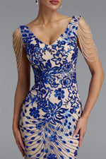 Lade Bild in die Galerieansicht, Zaha Classic V Neck Tassel Beaded Shoulder Sequin Mermaid Maxi Dress