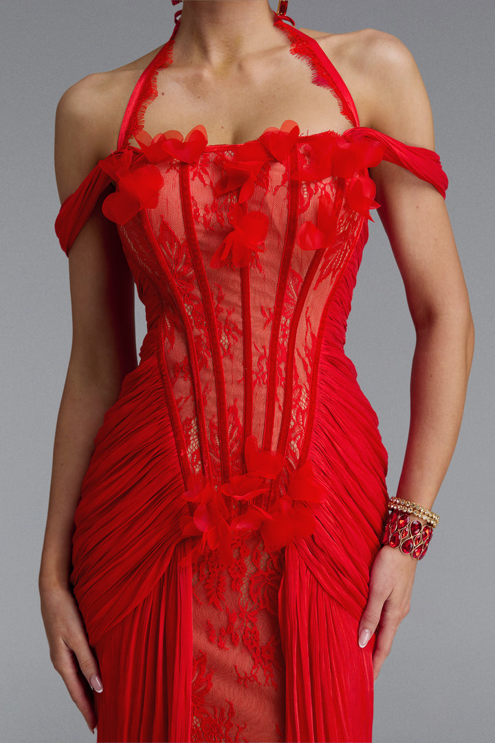 Fredrika Sexy Halter Off Shoulder Ruffle Lace Maxi Dress