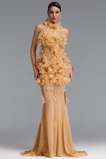 Lade Bild in die Galerieansicht, Rayna Elegant Contour High Neck Floral Mesh Beige Maxi Dress