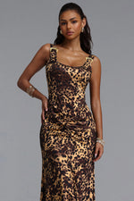 Lade Bild in die Galerieansicht, Evelina Sexy Contour Ruched Waist Sleeveless Leopard Print Knit Maxi Dress