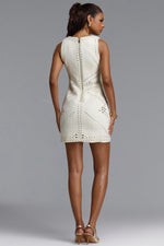 Charger l'image dans la visionneuse de la Galerie, Habiba Chic Round Neck Sleeveless Gold Studded Geometric Pattern Tweed Beige Mini Dress
