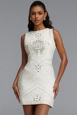 Charger l'image dans la visionneuse de la Galerie, Habiba Chic Round Neck Sleeveless Gold Studded Geometric Pattern Tweed Beige Mini Dress