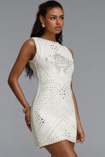 Charger l'image dans la visionneuse de la Galerie, Habiba Chic Round Neck Sleeveless Gold Studded Geometric Pattern Tweed Beige Mini Dress