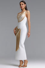 Load image into Gallery viewer, Roanna One Shoulder Sleeveless Golden Tassels Bandage White Maxi Dress
