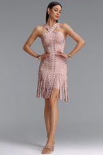 Lade Bild in die Galerieansicht, Sergio Sexy Cinched Waist Halter Metallic Decor Tassel Bandage Mini Dress