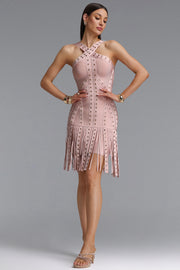 Sergio Sexy Cinched Waist Halter Metallic Decor Tassel Bandage Mini Dress
