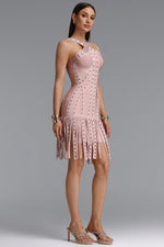 Lade Bild in die Galerieansicht, Sergio Sexy Cinched Waist Halter Metallic Decor Tassel Bandage Mini Dress