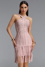 Lade Bild in die Galerieansicht, Sergio Sexy Cinched Waist Halter Metallic Decor Tassel Bandage Mini Dress
