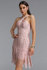 Lade Bild in die Galerieansicht, Sergio Sexy Cinched Waist Halter Metallic Decor Tassel Bandage Mini Dress