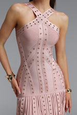 Lade Bild in die Galerieansicht, Sergio Sexy Cinched Waist Halter Metallic Decor Tassel Bandage Mini Dress