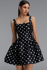 Load image into Gallery viewer, Simone Classic Tailored Square Neck Polka Dot Woven Black Mini Dress