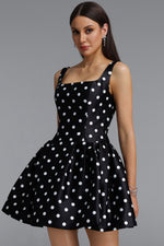 Load image into Gallery viewer, Simone Classic Tailored Square Neck Polka Dot Woven Black Mini Dress