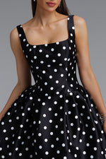 Load image into Gallery viewer, Simone Classic Tailored Square Neck Polka Dot Woven Black Mini Dress