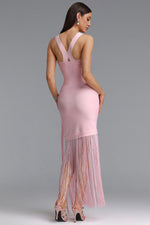 Lade Bild in die Galerieansicht, Emma Chic Contour V Neck Sleeveless Fringe Pink Bandage Maxi Dress