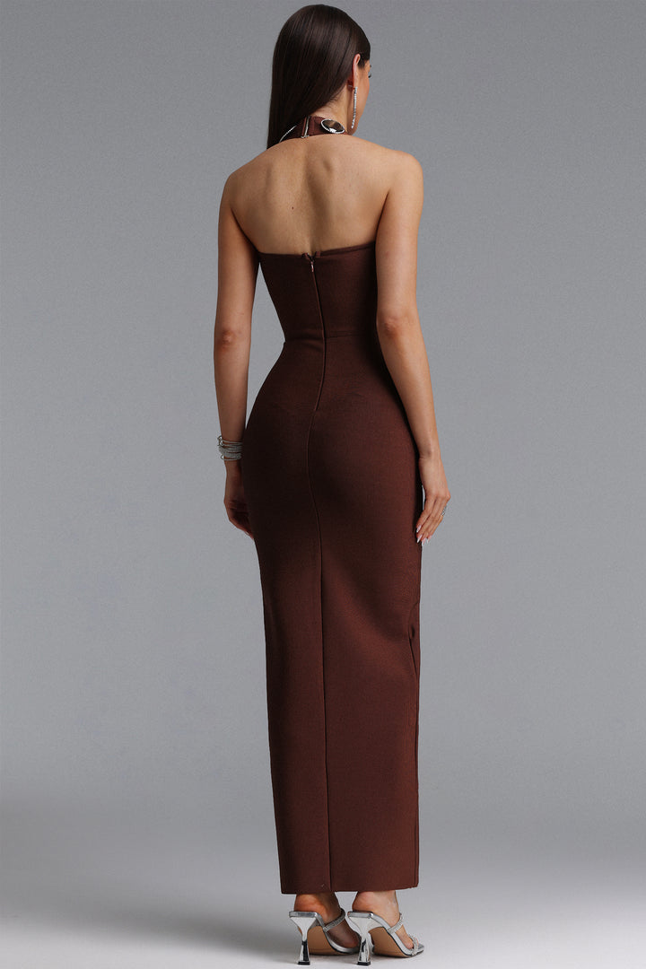 Dixie Halter Sleeveless Diamond Brown Bandage Maxi Dress
