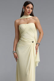 Gwen Elegant Flowy Strapless Ruched Mesh Yellow Maxi Dress