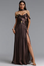 Charger l'image dans la visionneuse de la Galerie, Sebastian Elegant Cinched Waist One Shoulder Sash Ruched Metallic Decor Woven Maxi Dress
