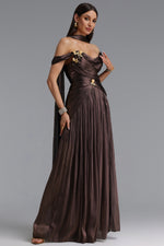 Charger l'image dans la visionneuse de la Galerie, Sebastian Elegant Cinched Waist One Shoulder Sash Ruched Metallic Decor Woven Maxi Dress