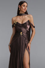 Charger l'image dans la visionneuse de la Galerie, Sebastian Elegant Cinched Waist One Shoulder Sash Ruched Metallic Decor Woven Maxi Dress