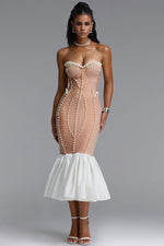 Lade Bild in die Galerieansicht, Falisa Vintage Strapless Heavy Ornate Pearl Pleated Midi Bandage Mermaid Dress