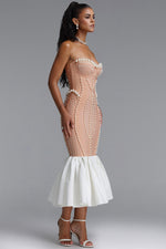 Lade Bild in die Galerieansicht, Falisa Vintage Strapless Heavy Ornate Pearl Pleated Midi Bandage Mermaid Dress