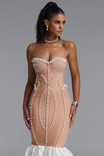 Lade Bild in die Galerieansicht, Falisa Vintage Strapless Heavy Ornate Pearl Pleated Midi Bandage Mermaid Dress