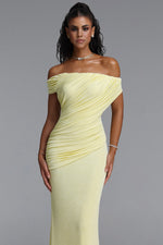 Load image into Gallery viewer, Slaia Minimalist Off Shoulder Diagonal Ruched Knit Yellow Maxi Dress
