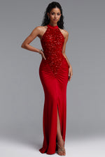 Lade Bild in die Galerieansicht, Octavia Elegant Contour Sleeveless Slit Sequin Woven Red Maxi Dress