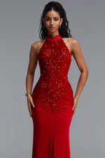 Lade Bild in die Galerieansicht, Octavia Elegant Contour Sleeveless Slit Sequin Woven Red Maxi Dress