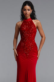 Octavia Elegant Contour Sleeveless Slit Sequin Woven Red Maxi Dress