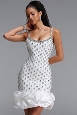 Charger l'image dans la visionneuse de la Galerie, Francina Exquisite Contour Cami Strap Rhinestone Ruffle White Bandage Mini Dress