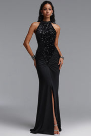 Octavia Elegant Contour Sleeveless Slit Sequin Woven Black Maxi Dress