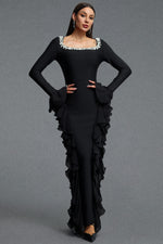 Lade Bild in die Galerieansicht, Mavis Elegant Luxurious Square Neck Long Sleeve Rhinestone Embellished Ruffle Bandage Maxi Dress