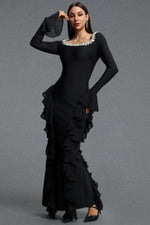 Lade Bild in die Galerieansicht, Mavis Elegant Luxurious Square Neck Long Sleeve Rhinestone Embellished Ruffle Bandage Maxi Dress