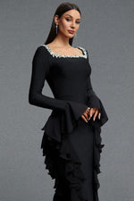 Lade Bild in die Galerieansicht, Mavis Elegant Luxurious Square Neck Long Sleeve Rhinestone Embellished Ruffle Bandage Maxi Dress