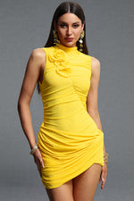 Load image into Gallery viewer, Zurri Romantic Contour Sleeveless Ruched Floral Mesh Yellow Mini Dress