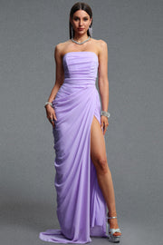 Tazeda Elegant Contour Strapless Ruched Mesh Purple Maxi Dress