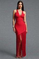 Lade Bild in die Galerieansicht, Emma Chic Contour V Neck Sleeveless Fringe Red Bandage Maxi Dress