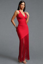 Lade Bild in die Galerieansicht, Emma Chic Contour V Neck Sleeveless Fringe Red Bandage Maxi Dress
