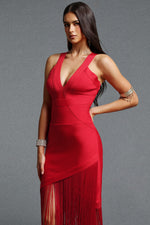 Lade Bild in die Galerieansicht, Emma Chic Contour V Neck Sleeveless Fringe Red Bandage Maxi Dress