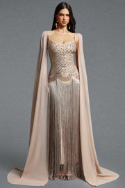 Ikara Elegant Spaghetti Strap Rhinestone Fringe Cape Bandage Maxi Dress
