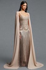 Lade Bild in die Galerieansicht, Ikara Elegant Spaghetti Strap Rhinestone Fringe Cape Bandage Maxi Dress